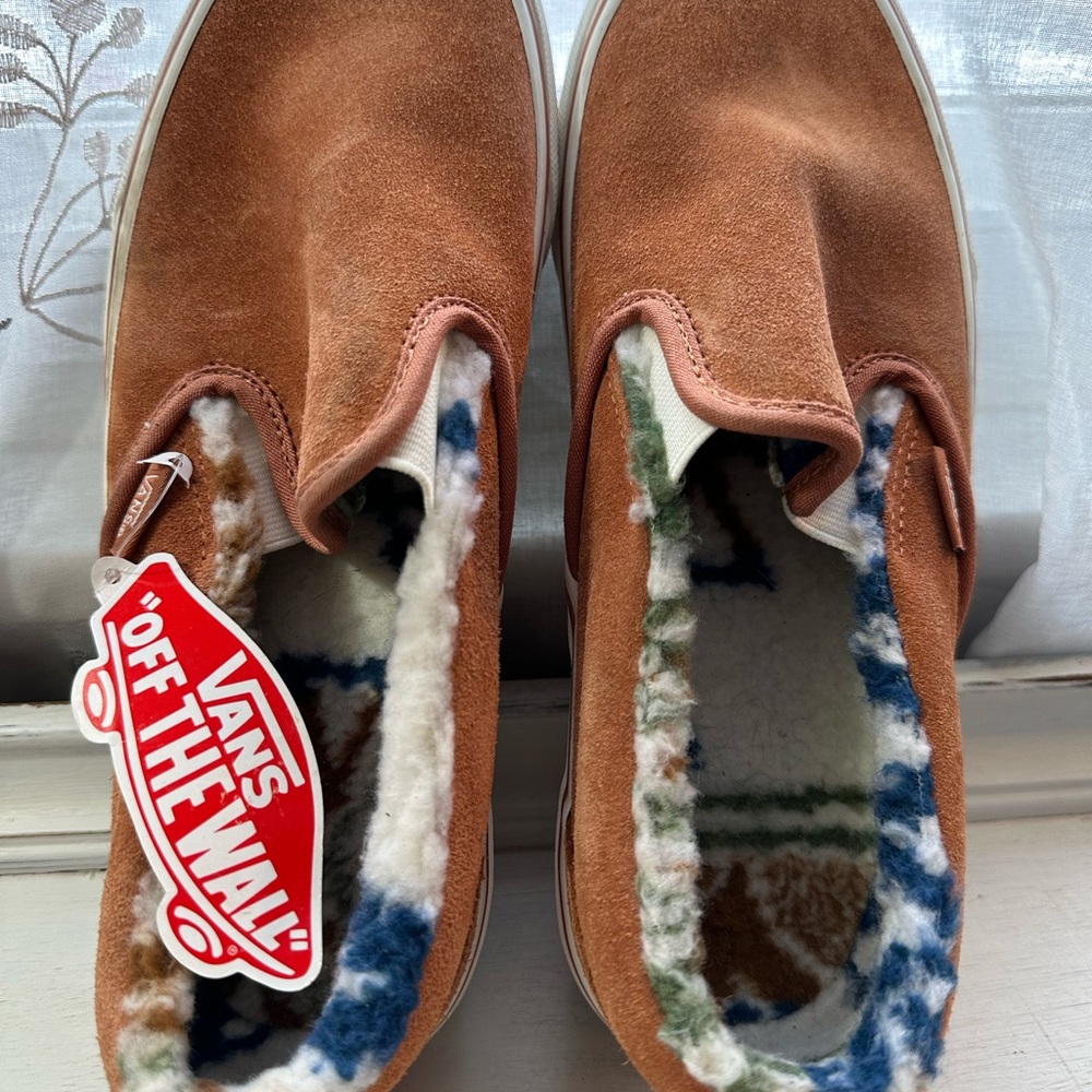 NWT Vans Brown Suede Slip-Ons with Aztec Faux Fur Lining